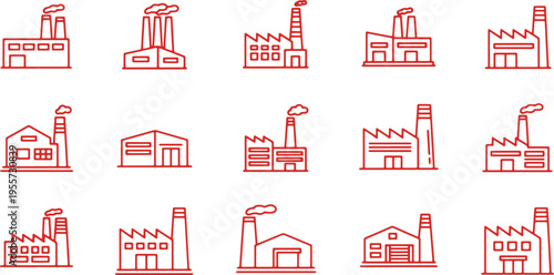 Collection of diverse industrial factory icons in minimalist red line art style