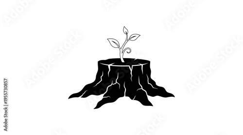 Minimalist Tree Stump Silhouette with Growing Sapling Line Art, Legacy and New Beginnings Concept