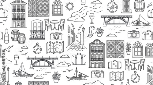 Porto city travel and cultural exploration concept focused on scenic urban landscapes, historic architecture, and relaxed European travel lifestyle along the riverside. Objects of