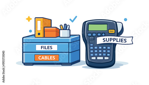 Office organization and inventory management focused on labeling and identifying stored items clearly in everyday workflow, a handheld label maker printing a short strip of