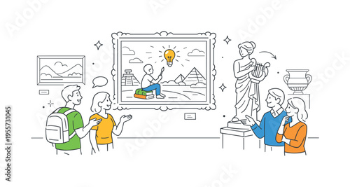 Cultural museum gallery scene where visitors walk through an exhibition space discussing artworks displayed on the walls, a large framed painting and a sculpture on a pedestal