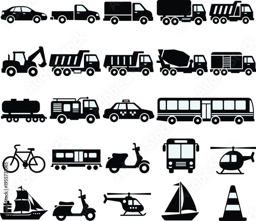 Transportation icons collection, vehicle silhouettes, land air water transport, car truck bus, train bicycle scooter, ship sailboat, helicopter, vector design