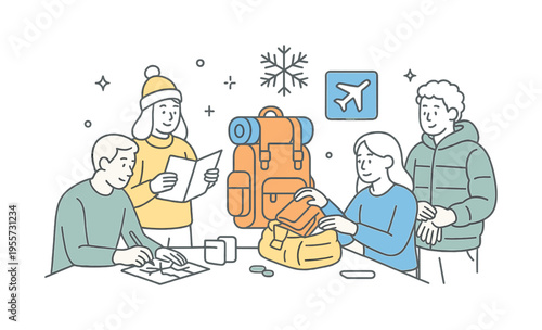 A small group preparing for a winter trip, organizing travel plans and packing essentials for cold weather destinations in a structured and calm way, represented by a clear visual
