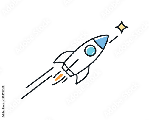 Innovation and technology development theme highlighting breakthrough ideas and forward movement, a minimal composition with a rocket ascending diagonally and a small star element