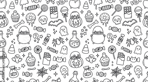 Halloween candy and dessert doodle theme with cute spooky mood, doodle objects including candy corn, wrapped candies, lollipop, chocolate bar, cupcake, donut, cookies, candy bucket