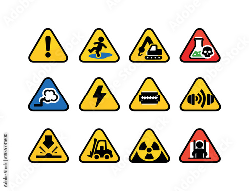 Safety warning alerts: general caution triangle, wet floor warning triangle, heavy machinery triangle, chemical hazard triangle, gas leak triangle, high voltage triangle, sharp