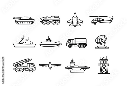 Army vehicles and defense machines: military tank, armored vehicle, fighter jet, military helicopter, naval warship, submarine, military truck, radar system, missile launcher