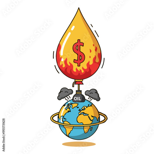 Burning Oil Drop with Dollar Sign Over Polluted Earth | Global Energy Crisis and Fuel Inflation Concept, 2d flat vetcor illustration