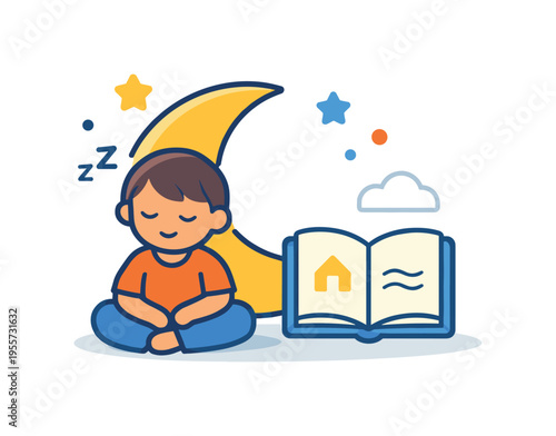 Bedtime routine and emotional security in family life highlighting rest, comfort, and predictable rhythms for wellbeing, a relaxed flat abstract child character sitting near a
