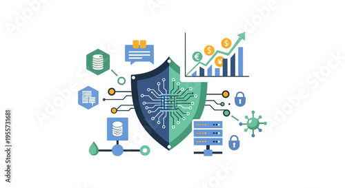 Cybersecurity Shield and Data Protection Network Concept. Digital Security, Financial Asset Safety, and Server Protection Flat Vector Illustration.