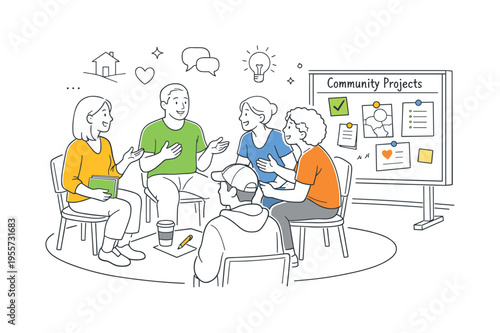 Local community support moment where a small group of people gathers to share ideas and help organize neighborhood initiatives, a shared meeting circle and a simple bulletin board