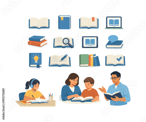 A school and education concept where a set of reading related visuals supports teaching and self study routines, emphasizing accessibility of knowledge and consistent learning
