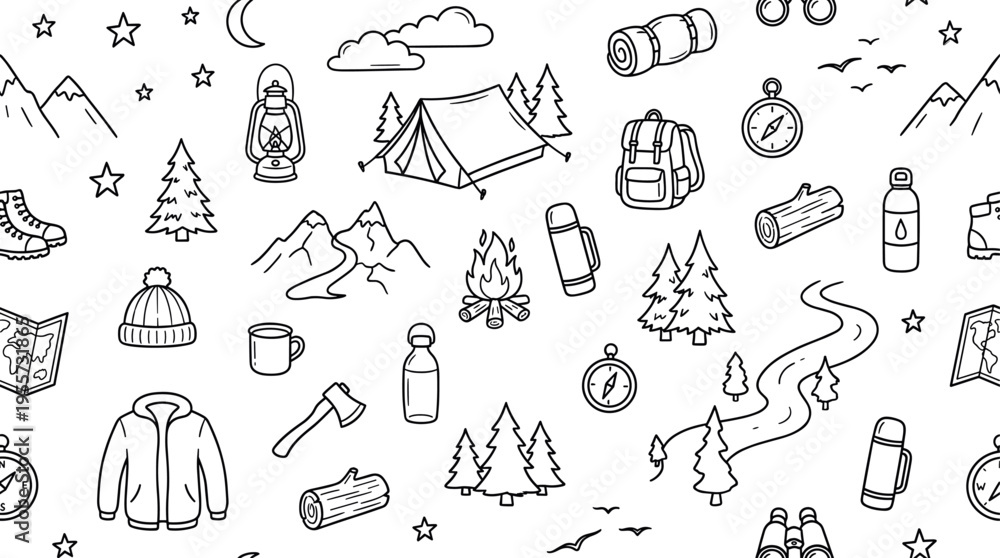 Naklejka premium Mountain camping escape theme with adventurous outdoor feel, doodle objects including mountains, pine trees, tent, campfire, backpack, sleeping bag, lantern, compass, map, boots,