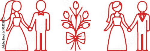 Illustrative depiction of a wedding ceremony with floral arrangement and couple holding hands