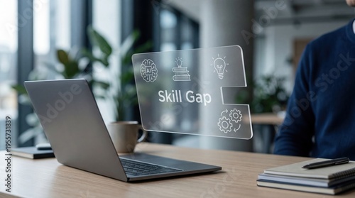 AI skills gap - Close-up of a clean desk featuring a floating skill card with a missing section labeled “Skill Gap,” alongside AI, learning, and workflow icons symbolizing professional develop...