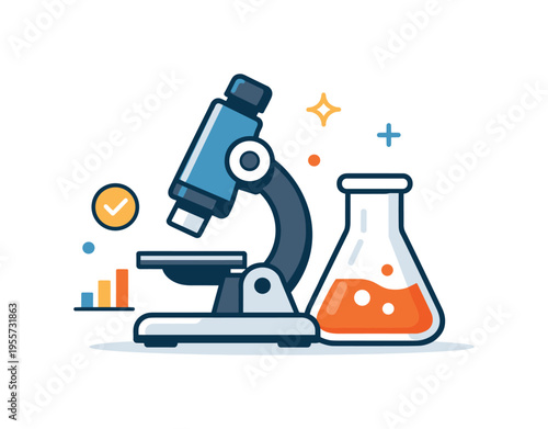 Scientific research and discovery in a modern laboratory environment focused on experimentation and knowledge development, a microscope placed beside a laboratory flask symbolizing