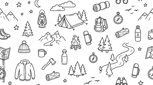 Mountain camping escape theme with adventurous outdoor feel, doodle objects including mountains, pine trees, tent, campfire, backpack, sleeping bag, lantern, compass, map, boots,