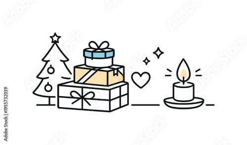 Christmas cozy home atmosphere and mindful gift selection moment encouraging appreciation and emotional connection, stacked geometric present boxes beside a minimal candle flame