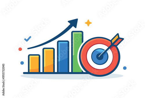 Company performance management and quarterly goal tracking used by teams to monitor success and maintain direction, a rising bar chart next to a target icon representing defined