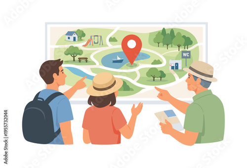 An outdoor planning scene where a park map helps visitors easily locate attractions and navigate between points of interest, highlighting user friendly design and clear guidance, a