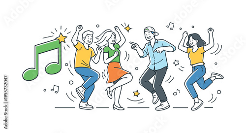 A lively celebration moment where a small group expresses joy and freedom through energetic dance movements during a festive social gathering with music and rhythm, visual metaphor