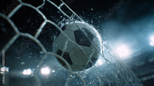 Soccer Ball Scoring Goal in Net – Dramatic Close-Up Football Goal Moment with Motion and Stadium Lighting