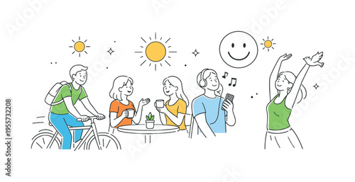 A positive mood and daily lifestyle concept showing people enjoying bright sunny moments in their routine activities, using a minimal collection of sun icons and a single smiling