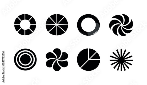 Abstract color wheel shapes: segmented circle wheel, radial pie segments, circular gradient ring, pinwheel spiral wheel, concentric circle bands, rotating petal wheel, geometric