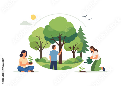 An ecological concept scene where trees symbolize sustainability and environmental awareness through clean and minimal visual elements, highlighting the importance of nature in