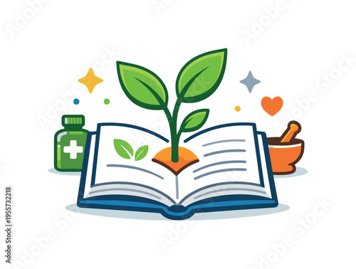 Herbal medicine education and awareness of natural remedies in modern health-conscious environments highlighting knowledge and preventive wellbeing, a neat open book combined with