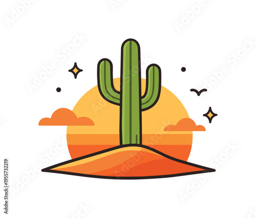 Quiet desert landscape at sunset representing calm solitude and natural resilience in an open wilderness environment, a tall cactus standing on a small sand dune with a large