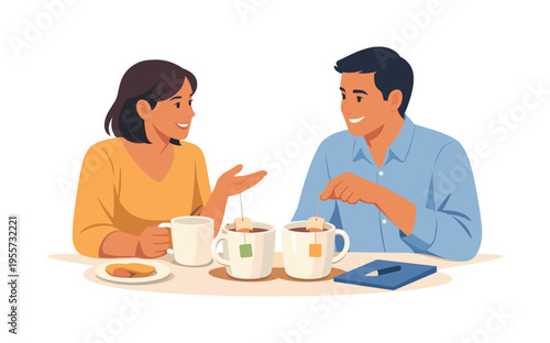 A collaborative office pause where two coworkers informally connect and exchange ideas during a short refreshment break in a professional environment, visual metaphor of two tea