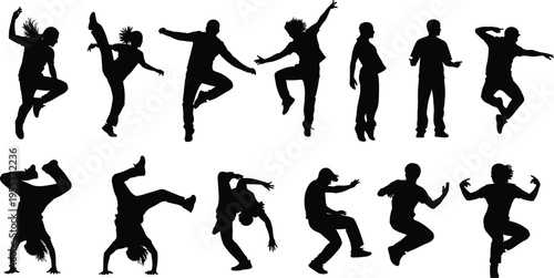 Dance silhouettes, hip hop dancers, breakdance moves, contemporary dance, energetic performance, street style, jumping figures, expressive motion, choreography, artistic