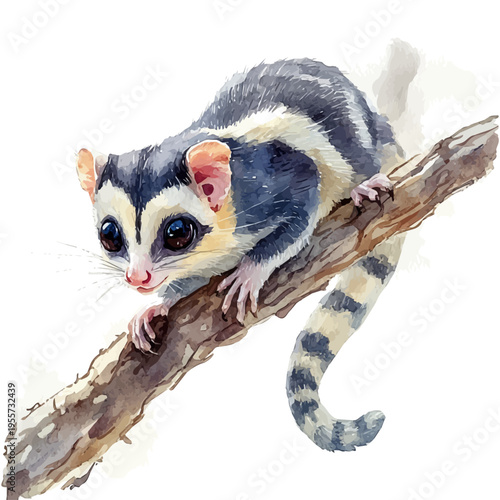 Sugar Glider, colorful watercolor painting with bold outlines, isolated on a white background.
