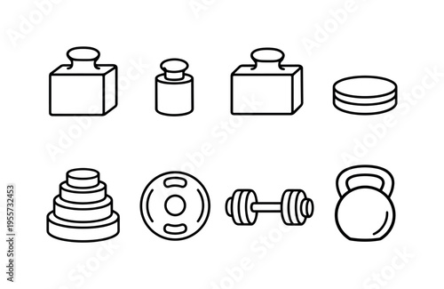 Mass units and weights: kilogram weight block, gram calibration weight, pound weight block, ounce weight piece, stack of standard weights, round gym weight plate, dumbbell weight