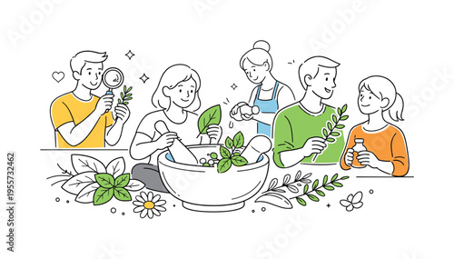 A small group working with a collection of botanical herbs in a modern design context, highlighting organic forms and natural arrangements for visual or practical use, represented