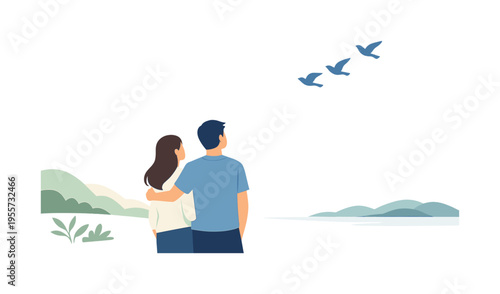 A calm nature inspired scene where minimal bird silhouettes move across an open sky, representing freedom and simplicity in a quiet natural setting, a small group of clean flying
