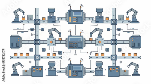 Industrial robotic assembly line production process.