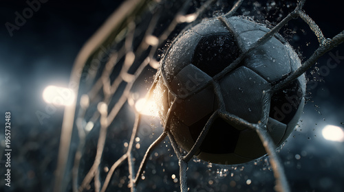 Soccer Ball Scoring Goal in Net – Dramatic Close-Up Football Goal Moment with Motion and Stadium Lighting