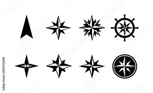 Compass rose navigation symbols: north arrow compass, eight point compass rose, sixteen point compass rose, nautical compass wheel, map compass star, cardinal direction compass
