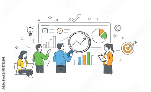 Business analytics and data interpretation concept showing professionals examining performance metrics and extracting insights to guide decisions, using a dashboard chart and