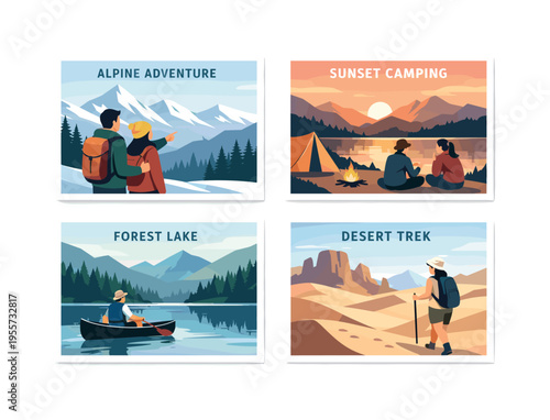 A travel themed design scene where a set of mountain landscape cards is created for postcards or promotional materials, focusing on scenic variety and visual storytelling across