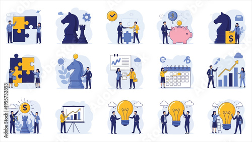 Modern Flat Design People Icon Set, Illustrating Finance and Banking, Business Strategy and Planning, E-Commerce and Delivery, Video Calling, Online Meetings, Teamwork