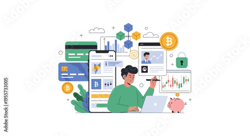 Digital Finance Management: Investor Trading Cryptocurrency, Blockchain & Online Banking. Flat Vector FinTech Illustration.