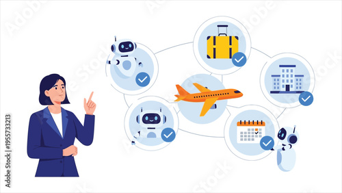 Woman Sharing Goals with AI, Intelligent Agent Executing Tasks and Autonomously Managing Business Travel Arrangements Illustration
