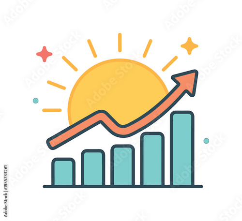 Business growth visualization and positive performance outlook in strategic planning context illustrating upward movement and market visibility, a rising vintage sunburst arc