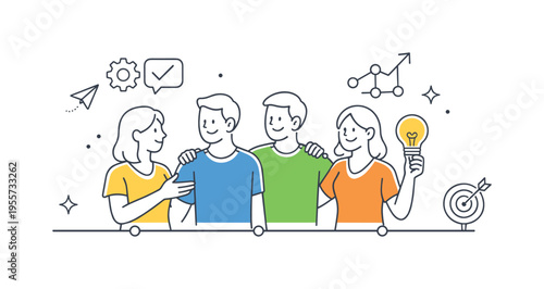 A teamwork and organizational structure concept illustrating people standing together as part of a coordinated group, using a set of minimal human silhouettes and a single