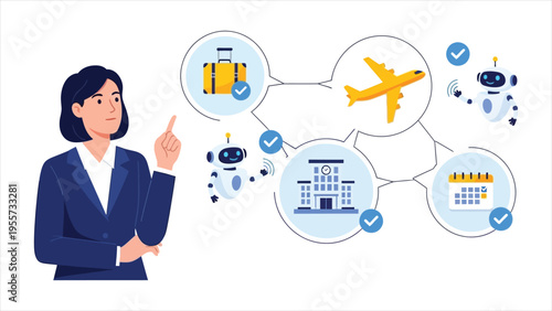 Woman Sharing Goals with AI, Intelligent Agent Executing Tasks and Autonomously Managing Business Travel Arrangements Illustration