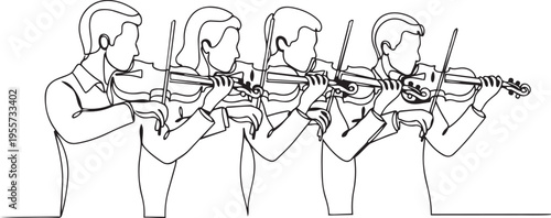 Four musicians playing violins in a synchronized manner