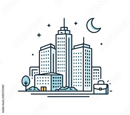 Urban nightlife and modern business environment represented through a stylized city overview, a simplified isometric skyline with a few tall buildings, small window grids, and a